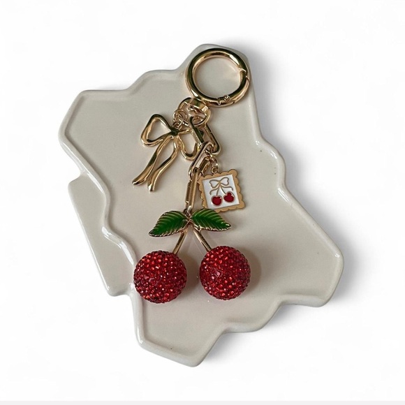 Handmade Accessories - Gold tone cherry bag charm with bow and cherry frame charms nwot